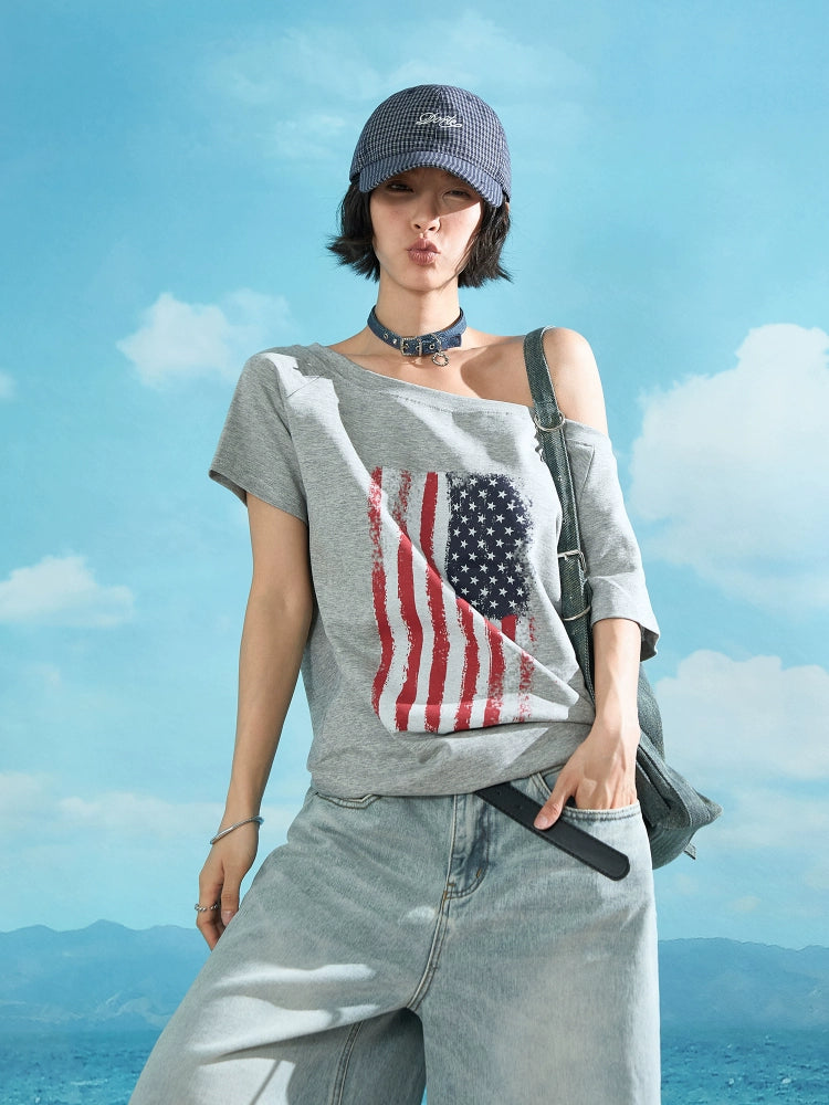 Flag Print Off-Shoulder Short Sleeve Top