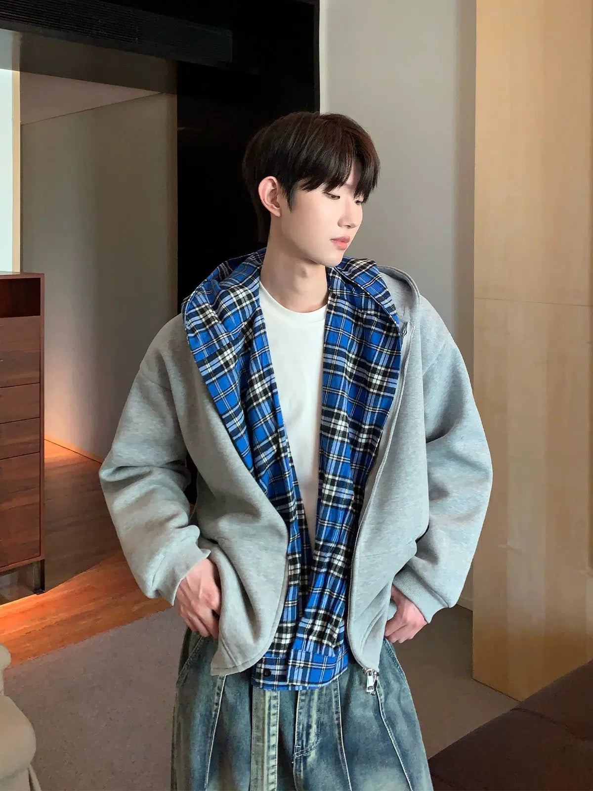 Sweatshirt Jacket with Removable Plaid Lining