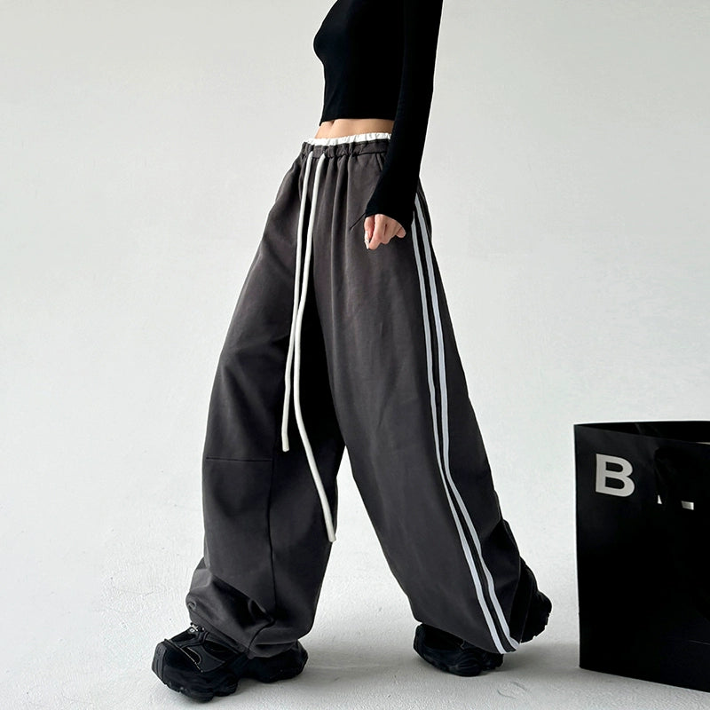 ワイドレッグストライプドレープカジュアルパンツ 