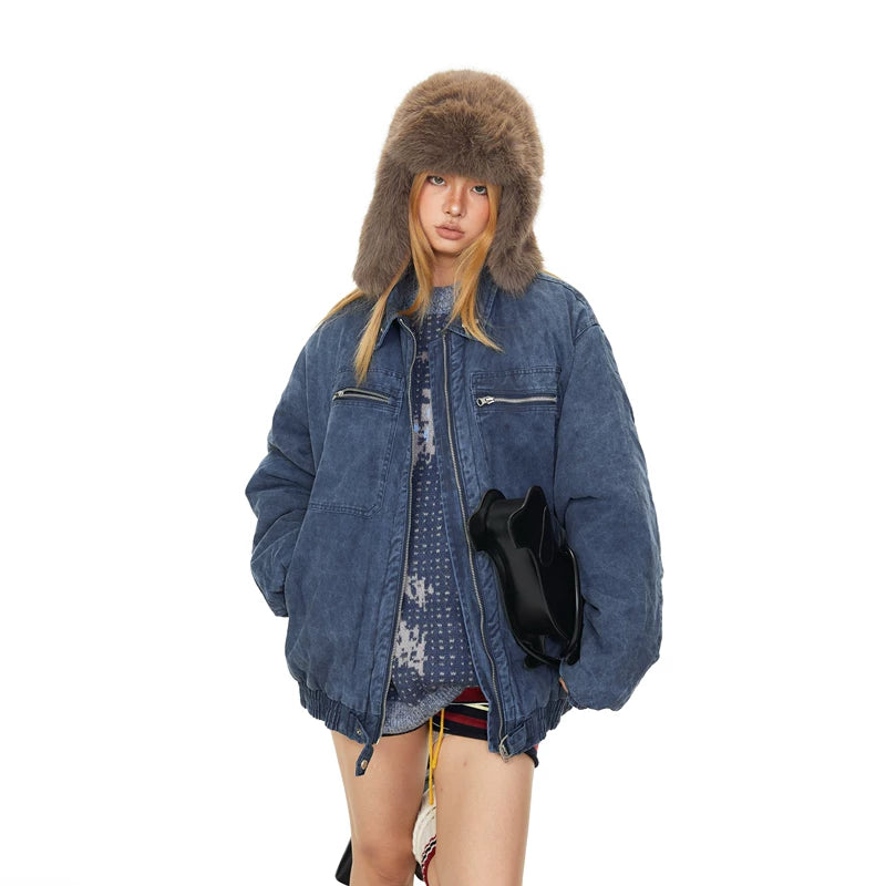 Washed Distressed Zipper Denim Jacket