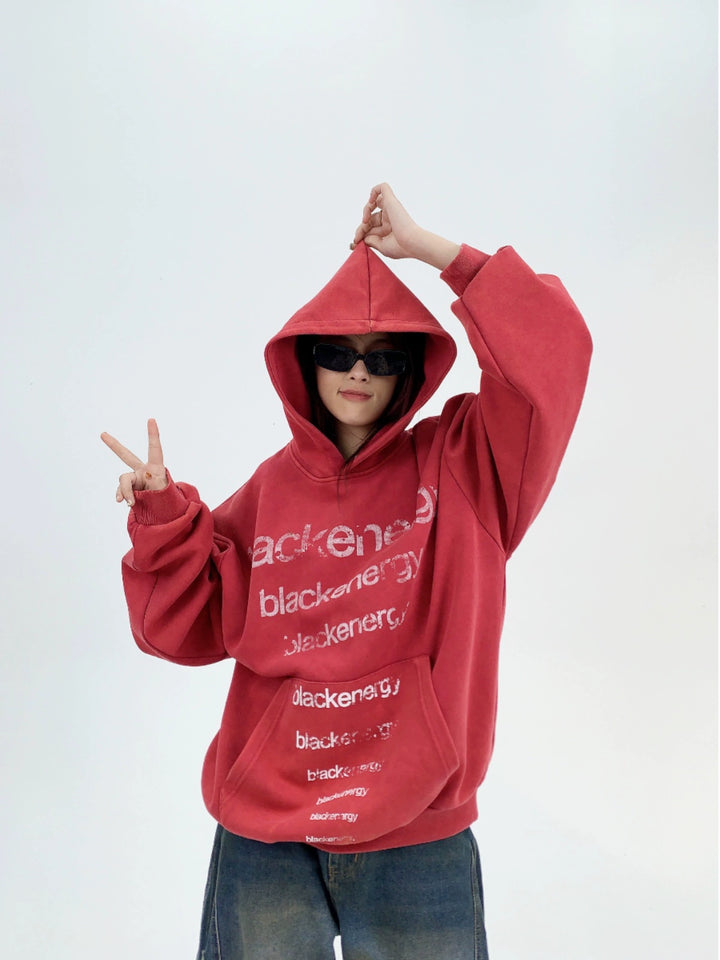 Retro tryckt lös passform huva sweatshirt 