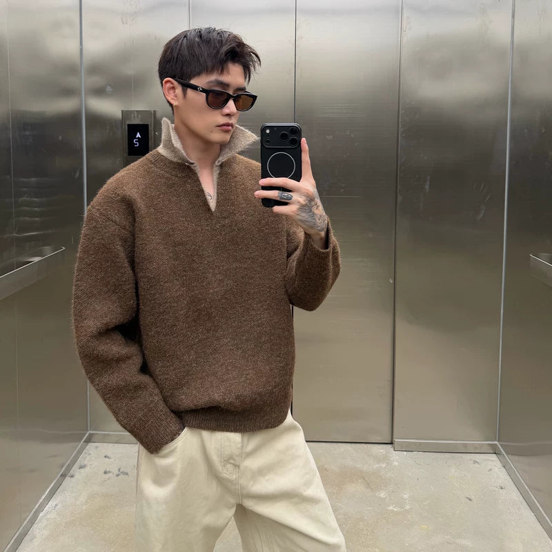 V-Neck Plush Patchwork Knit Sweater