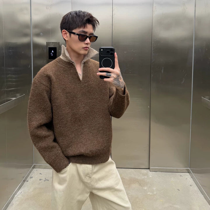 V-hals Pluche Patchwork Losse Brei Trui 