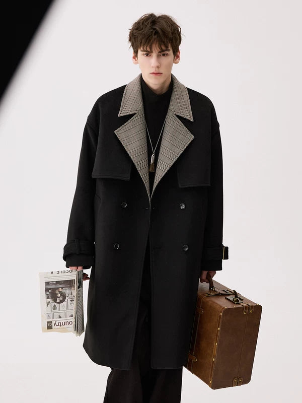 チェック襟ウールロングトレンチコート 