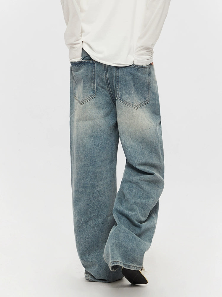 Washed Distressed Wide-Leg Straight Pants