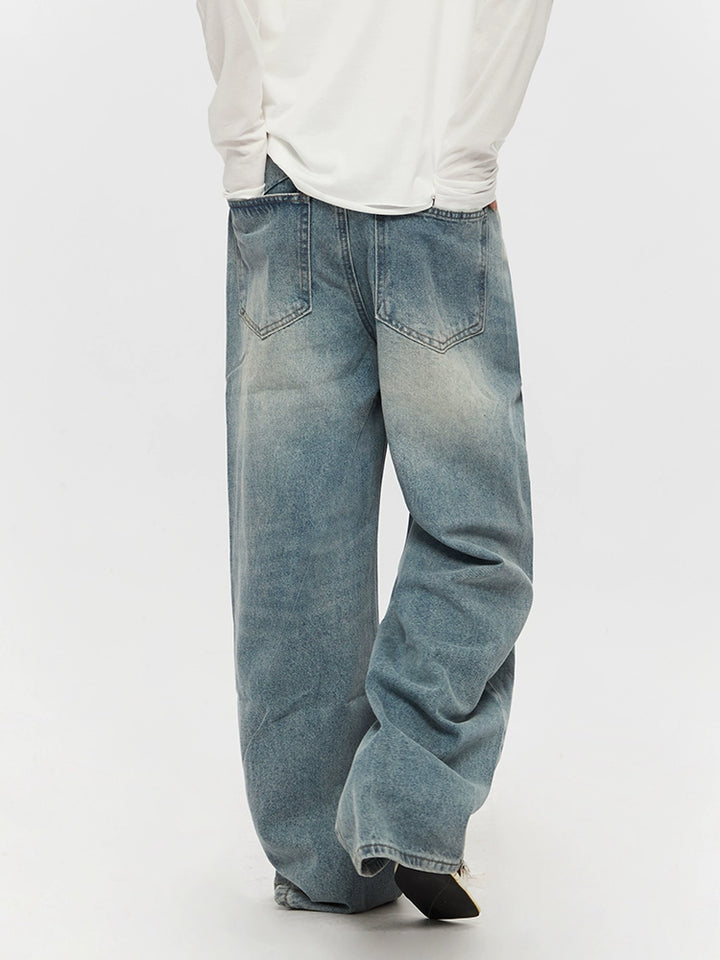 Washed Distressed Wide-Leg Straight Pants