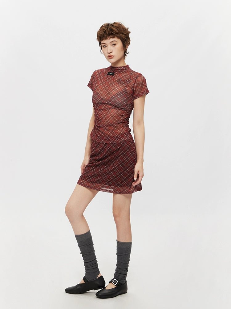 Plaid Mesh Half Turtleneck Short Sleeve Top