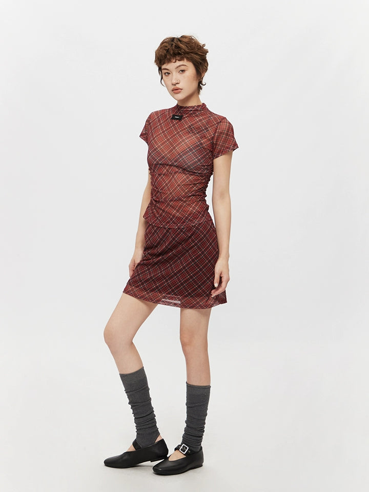Plaid Mesh Half Turtleneck Short Sleeve Top