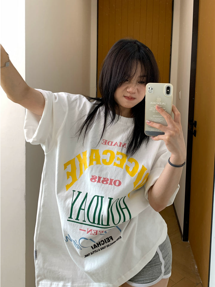 T-shirt à manches courtes avec impression de lettre surdimensionnée 