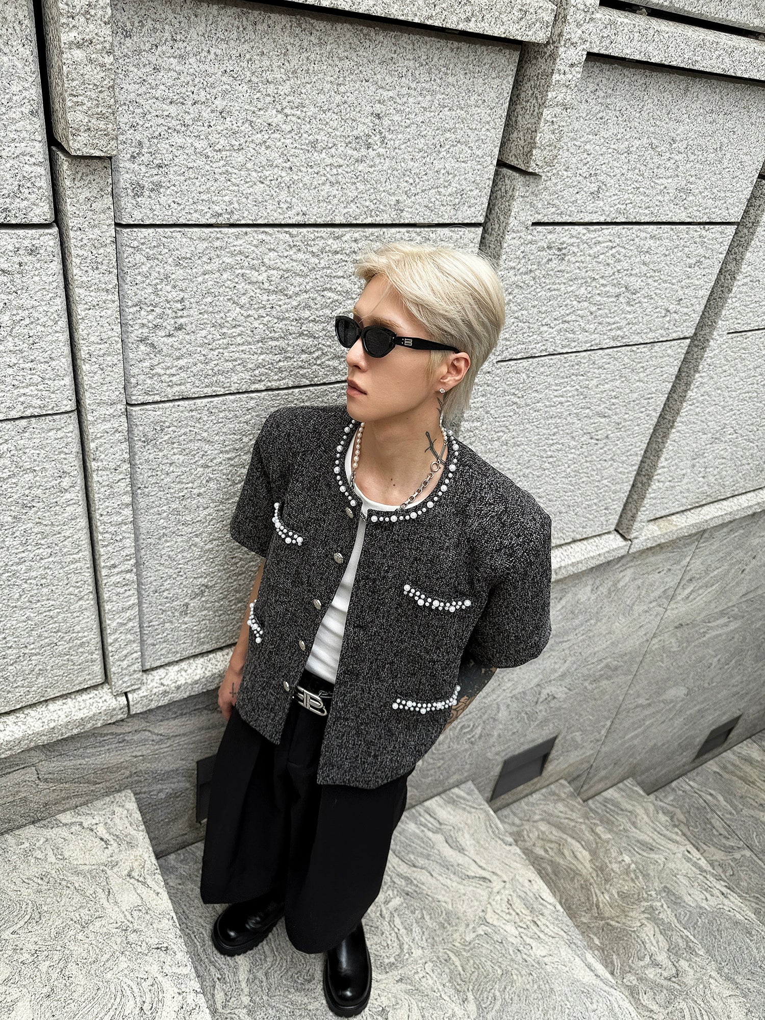 Short Sleeve Collarless Pearl Button Jacket