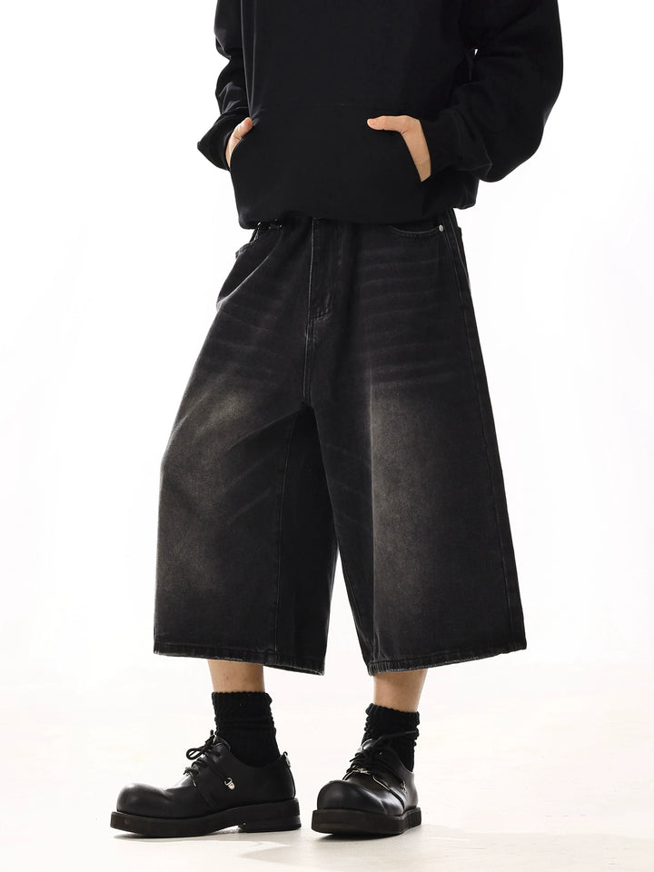 Loose Fit Washed Denim Wide Leg Shorts