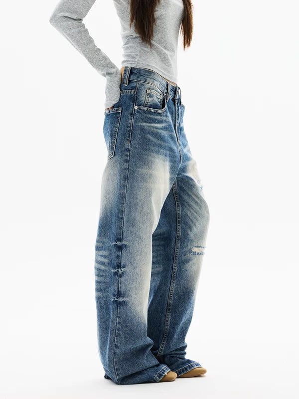 레트로 워시드 디스트레스트 와이드 레그 청바지 