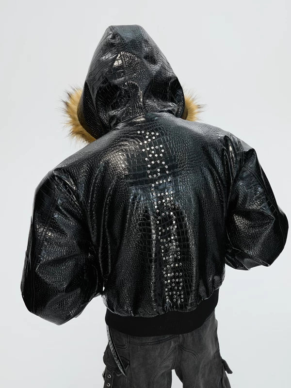 Reversible Crocodile Print Hooded Coat