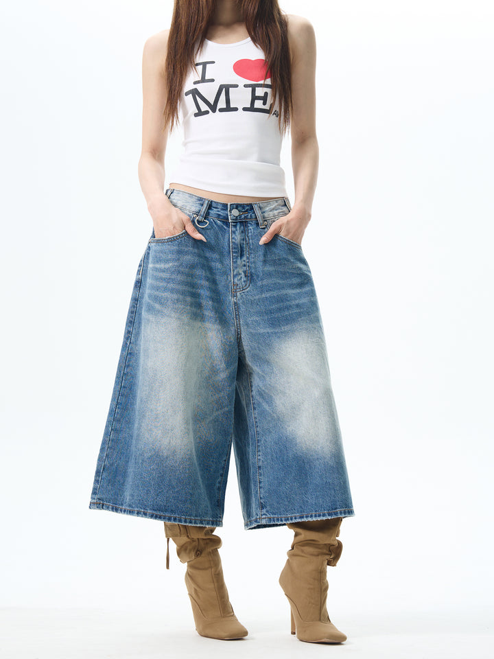 Blue Wide-Leg Cropped Jeans