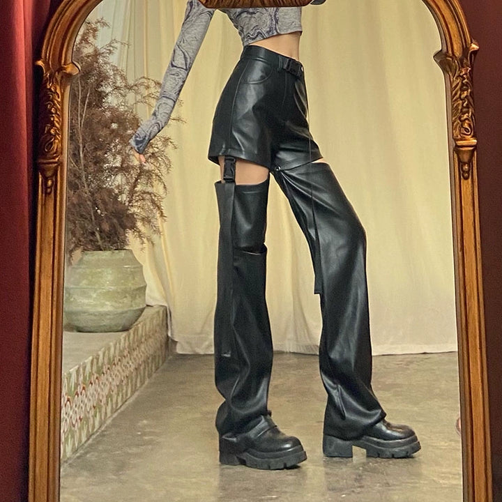 Hollow Out Buckle Loose Leather Pants