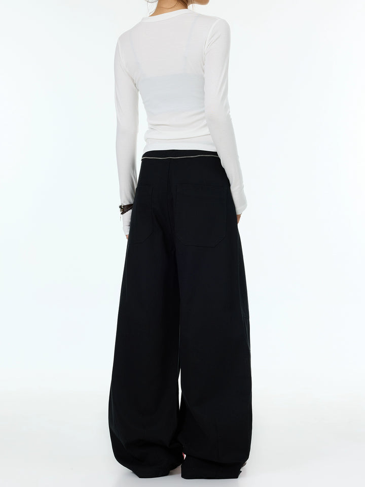Wide-Leg Casual Pants with Plaid Scarf