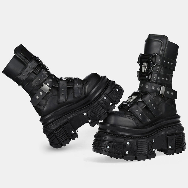 Thick-Soled Leather Platform Motorcycle Boots