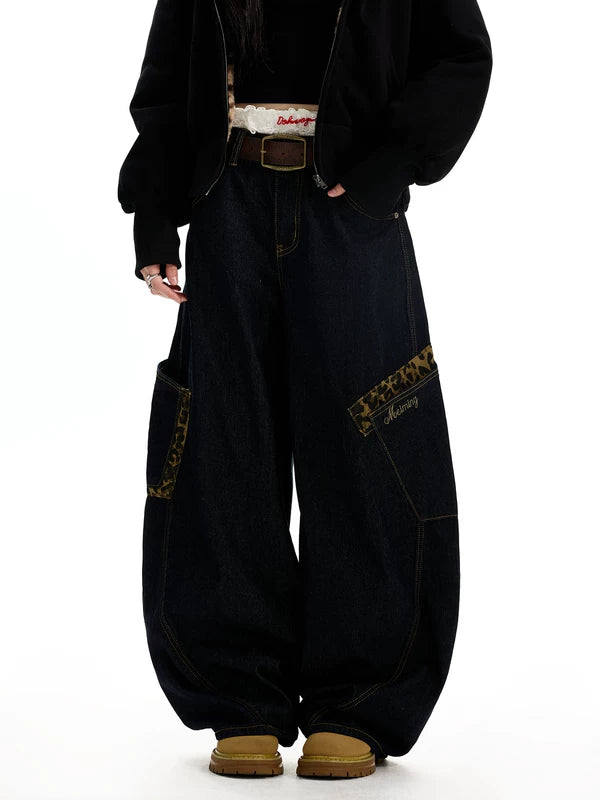 Pantalones cargo de pierna ancha con parche de leopardo 