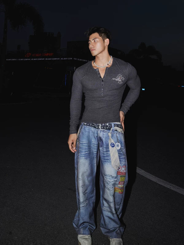 Slim Fit Henley Knit Long Sleeve Sweater