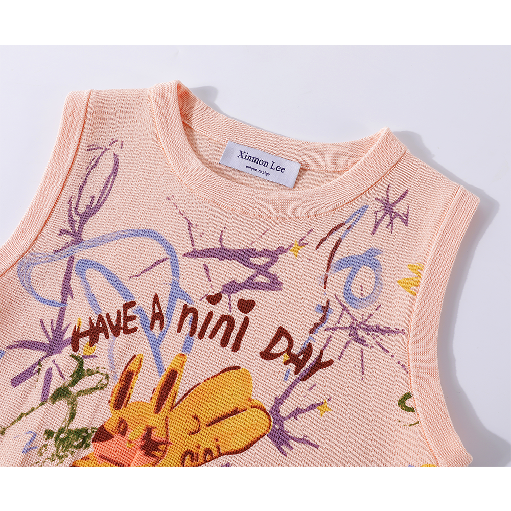 Graffiti Print Sleeveless Knitted Crop Tank