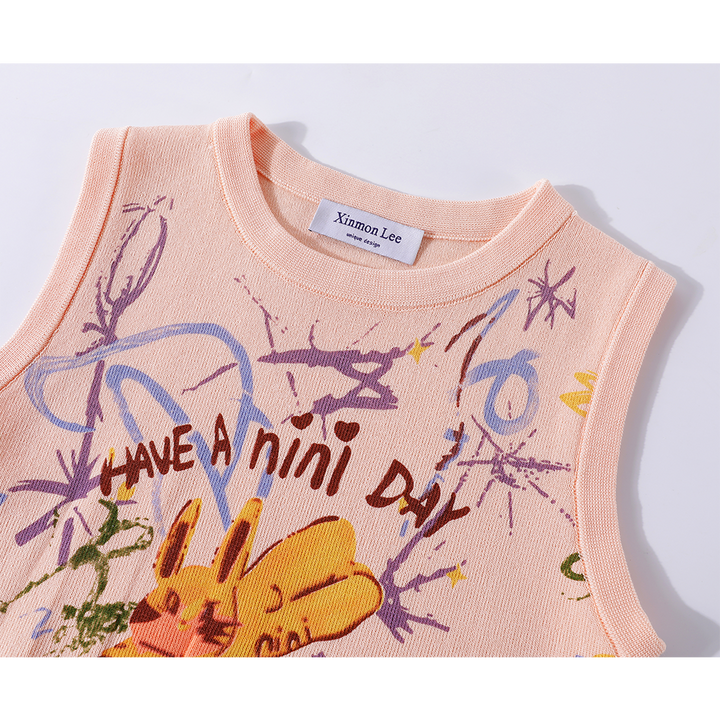 Graffiti Print Sleeveless Knitted Crop Tank