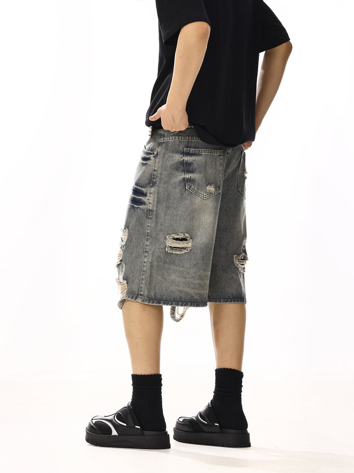Distressed Ripped Wide-Leg Denim Shorts