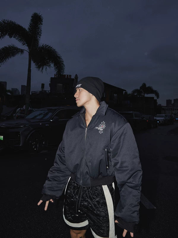 Bestickte kurzärmelige Bomberjacke aus Baumwolle mit Reißverschluss 