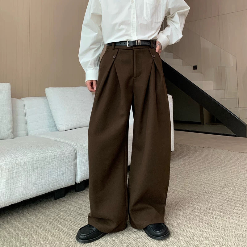 Plissé Wol Wijde Rechte Broek 