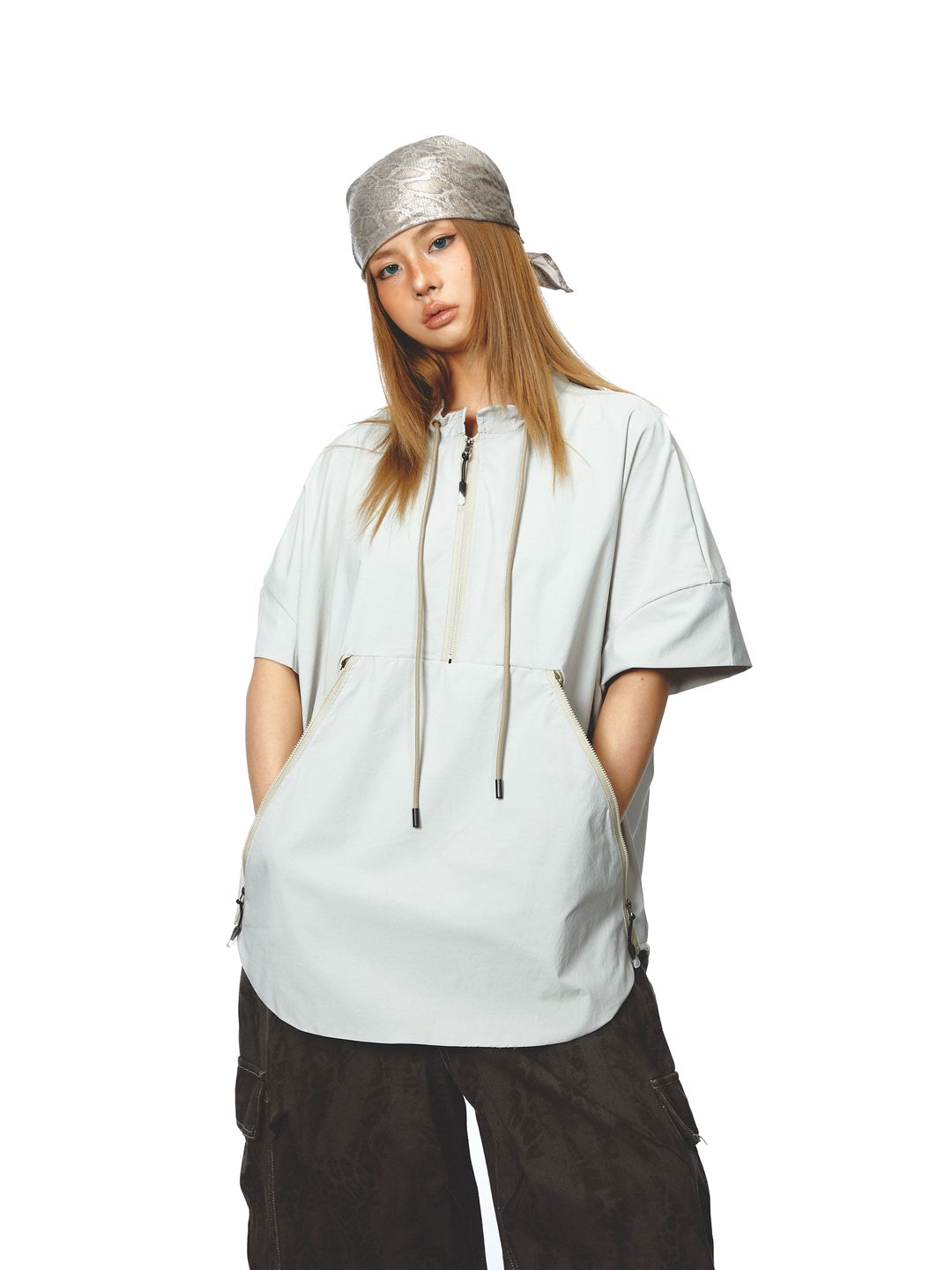 Half Zip Stand Collar Short Sleeve Top