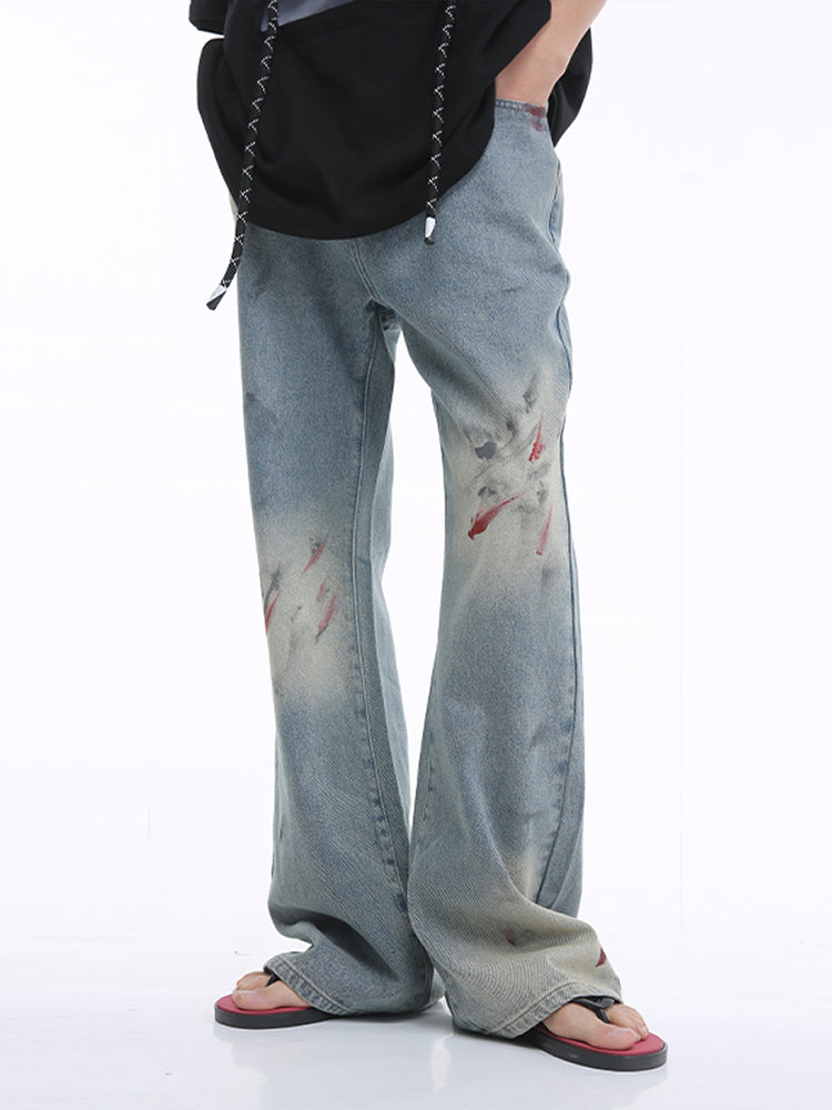 Ink-Splashed Flared Mid-Waist Pants