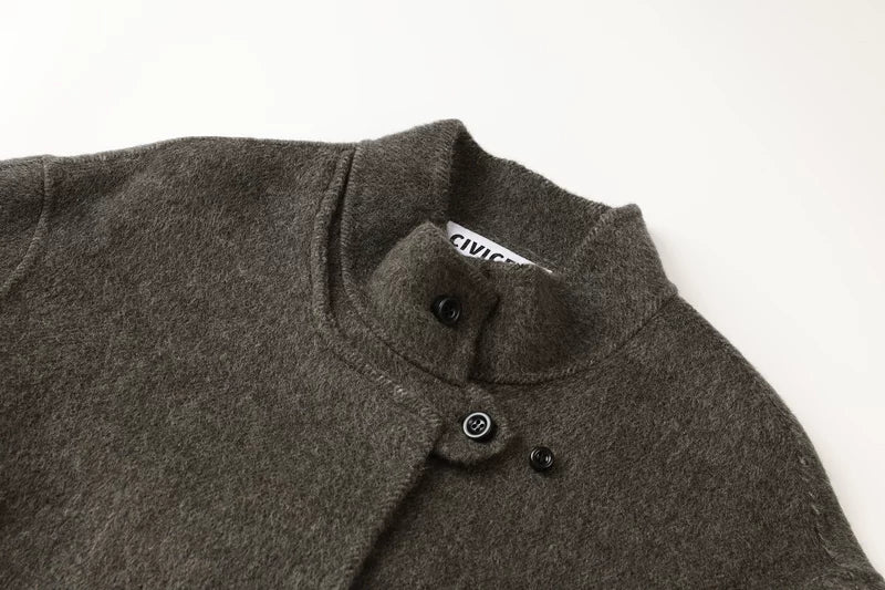 Μακρύ Παλτό από Μαλλί με Στενή Κολάρο, Χαλαρή Εφαρμογή 