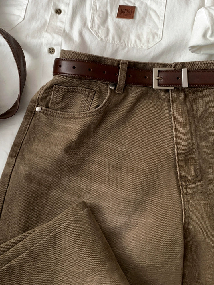 Washed Wide-Leg Straight Jeans