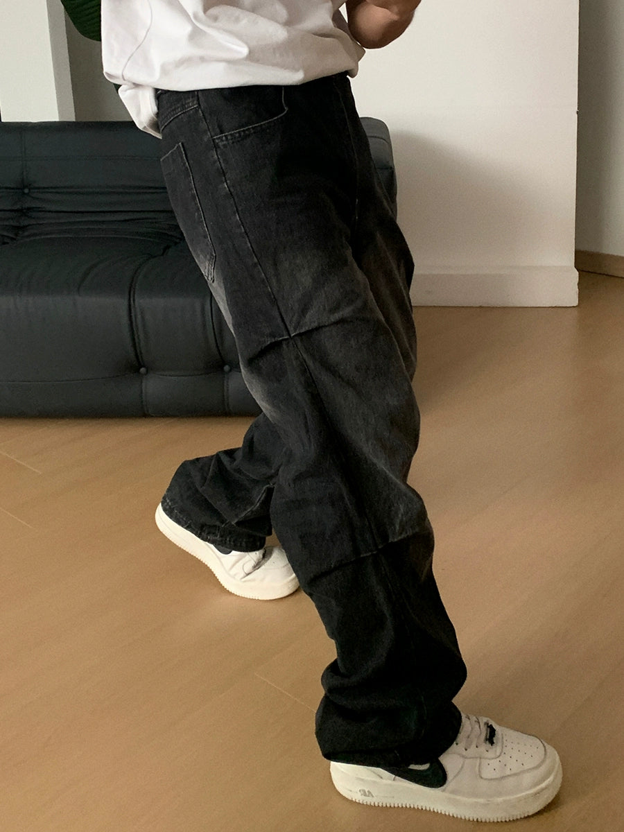 جينز فضفاض مغسول مطوي 