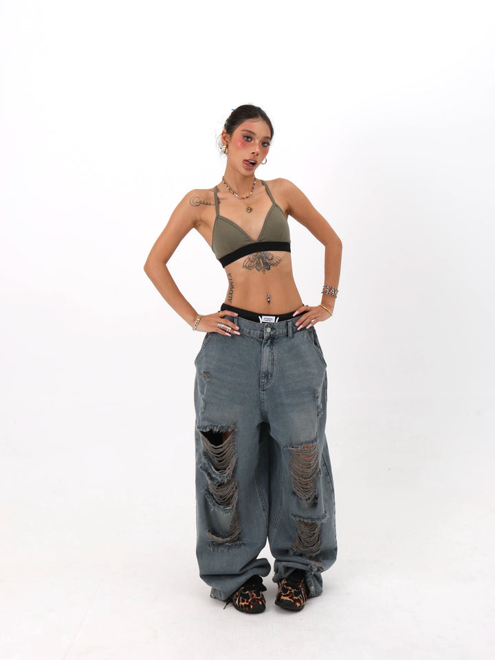 Distressed Ripped Straight Leg Denim Pants