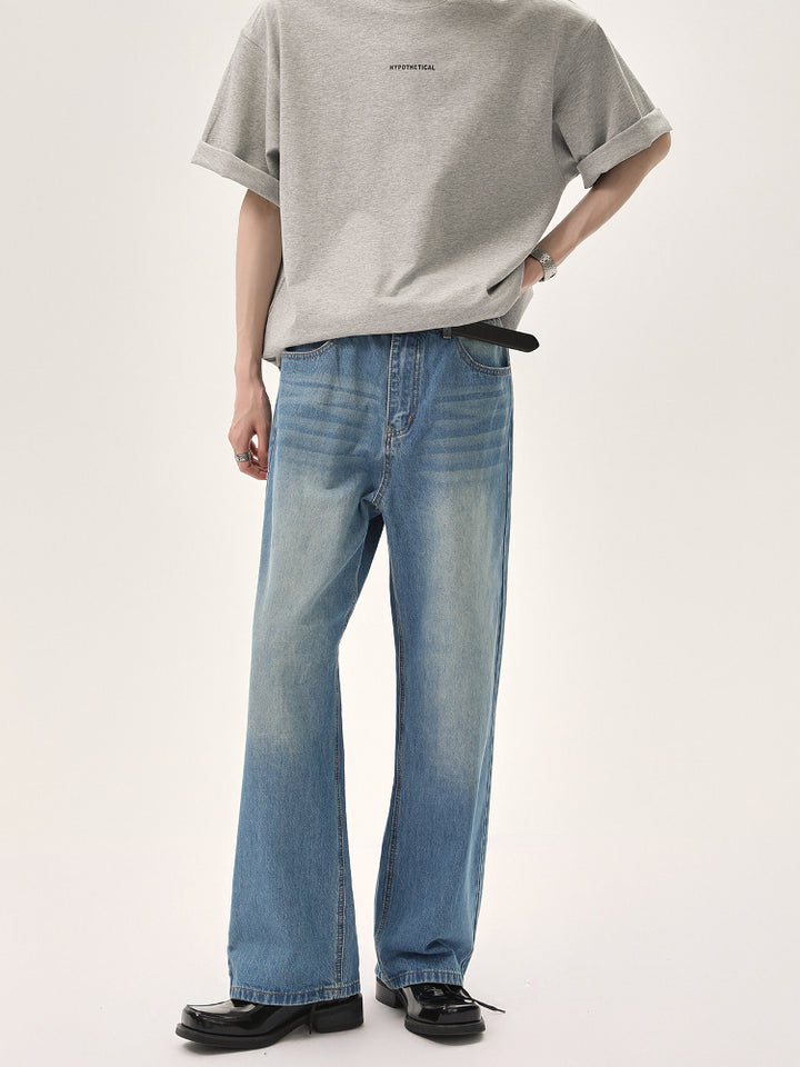 Wide-Leg Distressed Straight Jeans