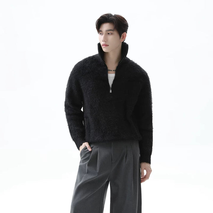 Stand Collar Half-Zip Fleece Knit Sweater