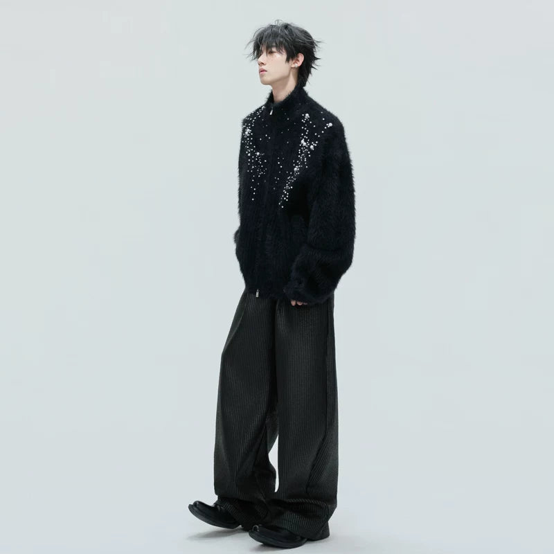 Plush High-Neck Pearl Embellished Cardigan