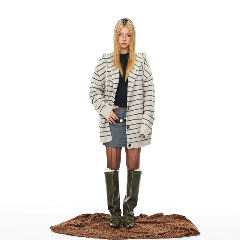 Striped Knit Hooded Cardigan