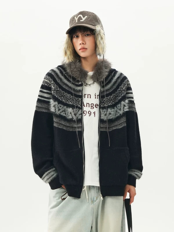 Cardigan à capuche zippé Fair Isle 