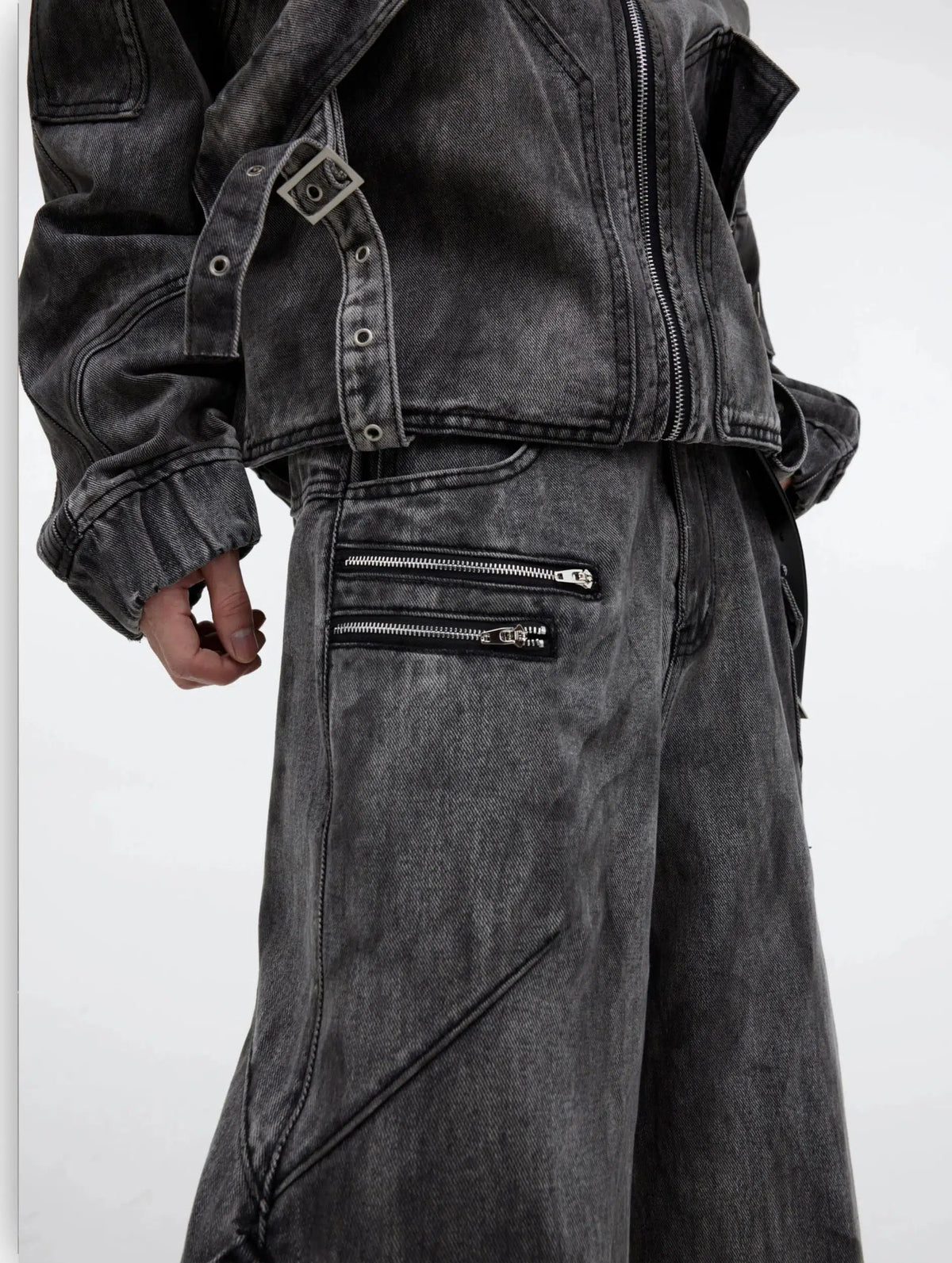 Distressed Zipper Denim Jacket Pants Set