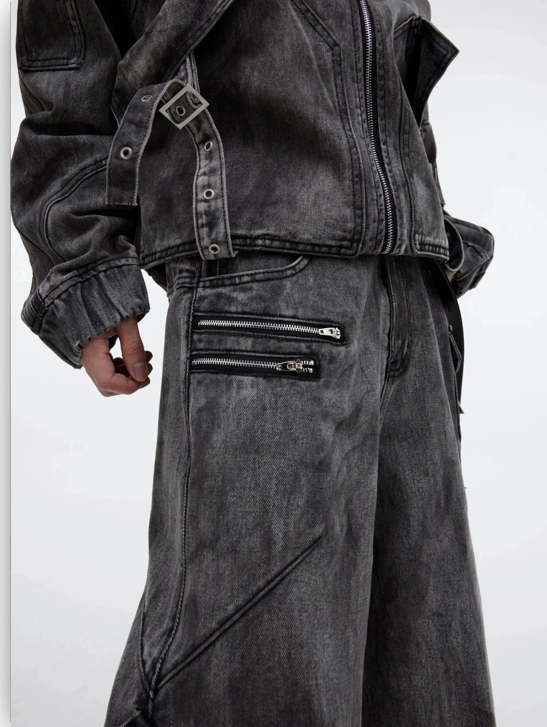 Distressed Zipper Denim Jacket Pants Set