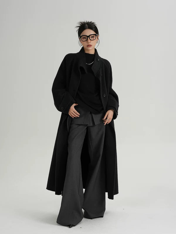 Stand Collar Belted Wool Overcoat