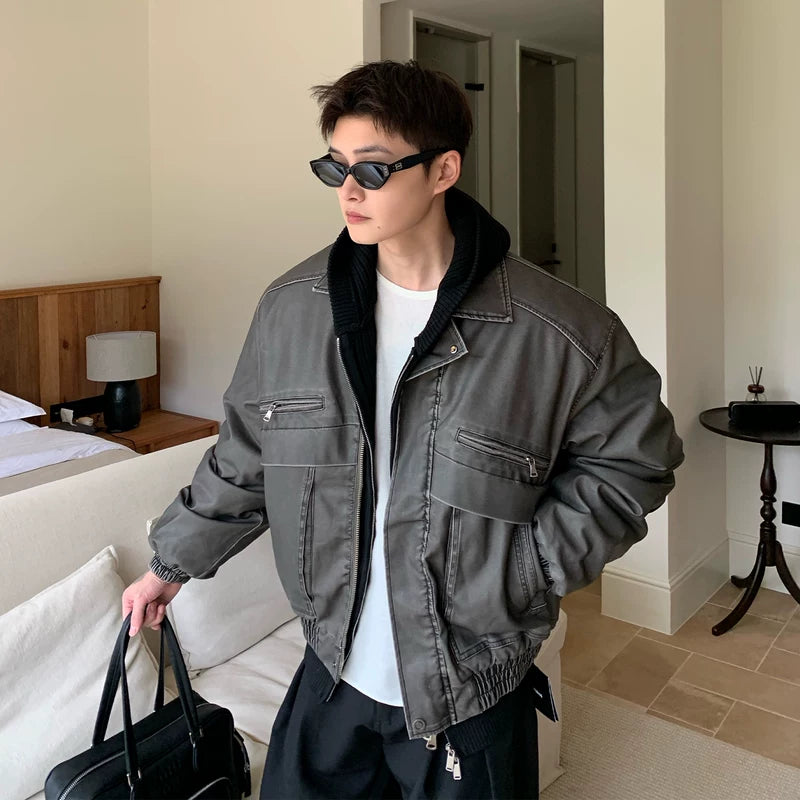 Vintage gewassen leren gewatteerde jas 