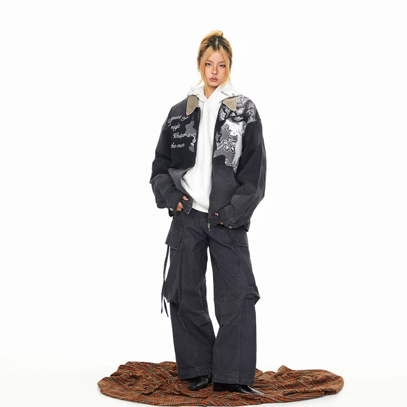 Lace Trim Angel Print Denim Jacket