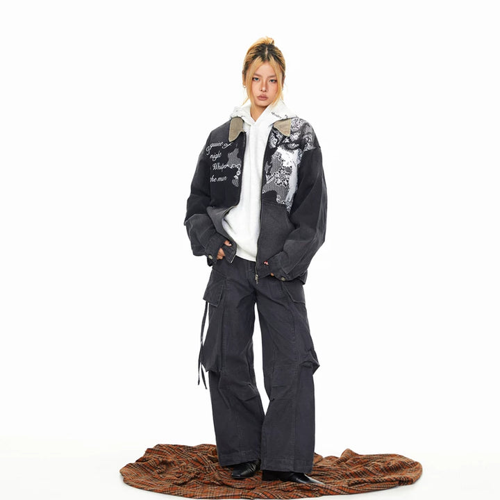 Lace Trim Angel Print Denim Jacket