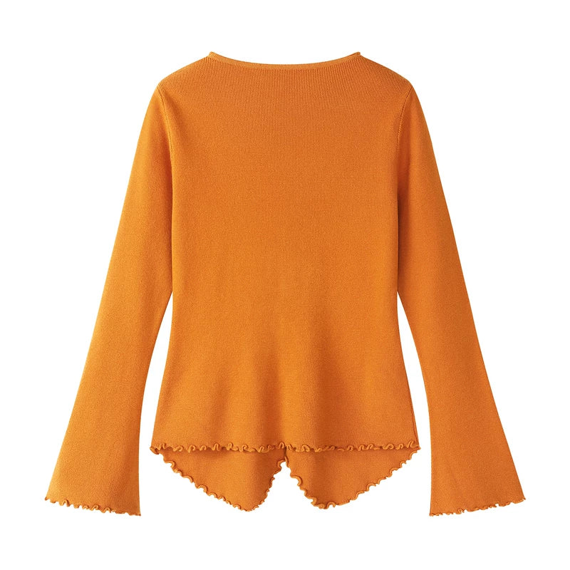 Suéter de punto con lazo y escote en V arrugado 