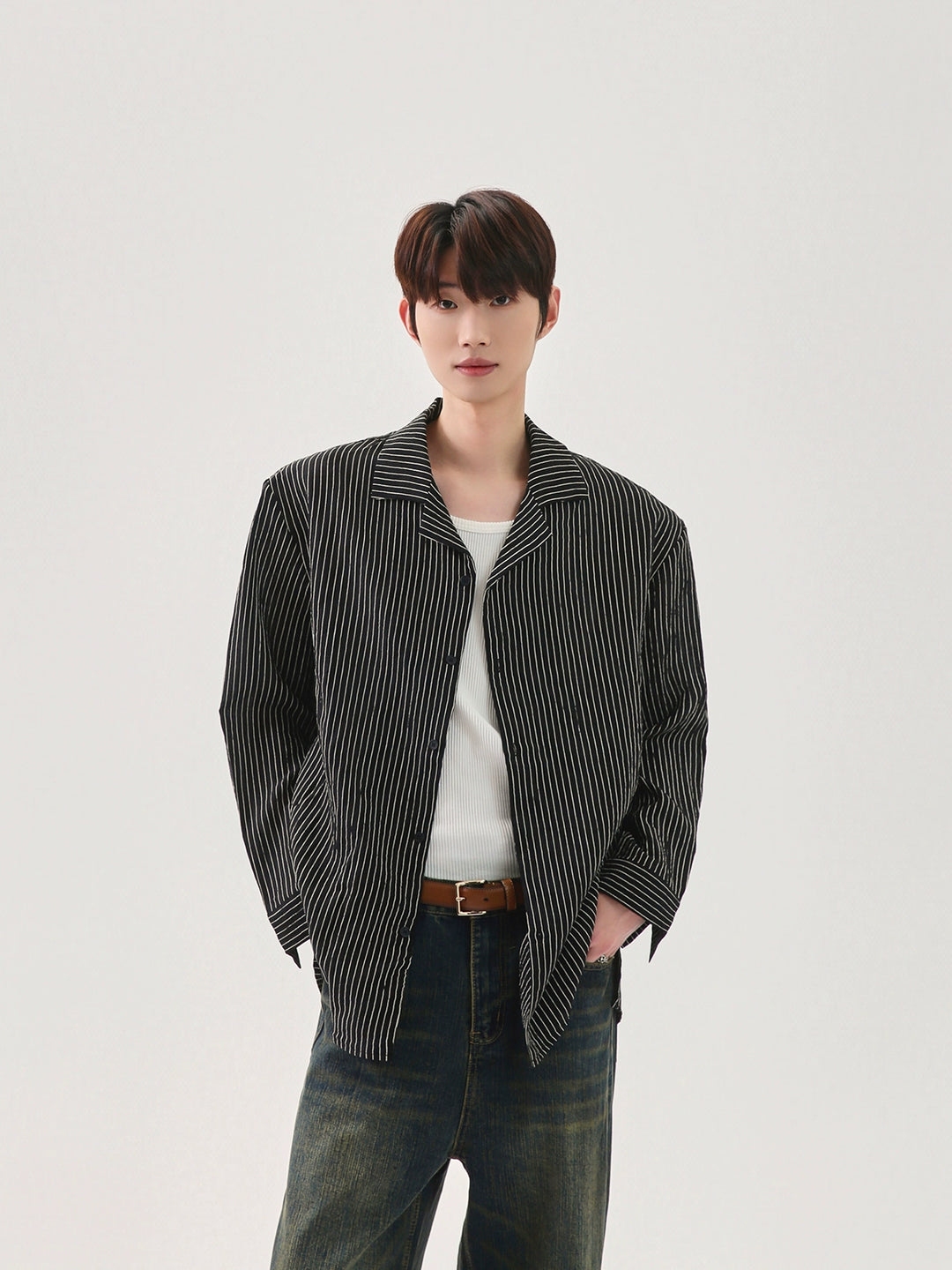 주름 스트라이프 빈티지 햇볕 차단 셔츠 