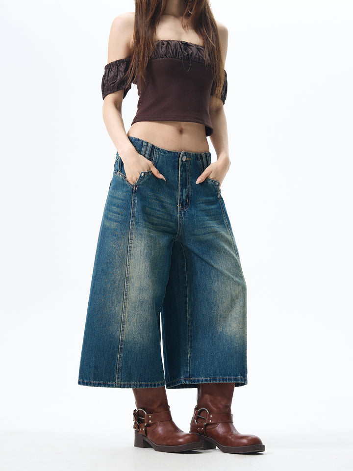 Wide-Leg Cropped Denim Pants