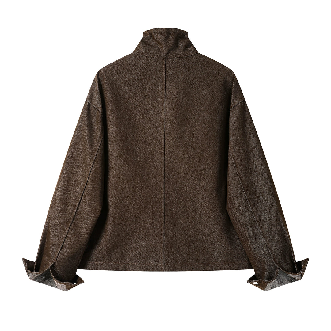 Drawstring Stand Collar Denim Jacket