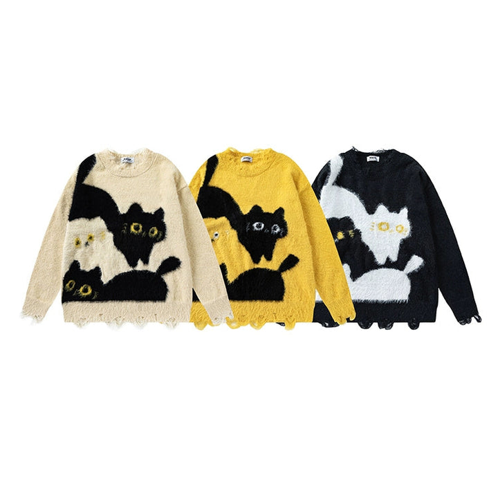 Pull déchiré avec graphique de chat flou rétro 